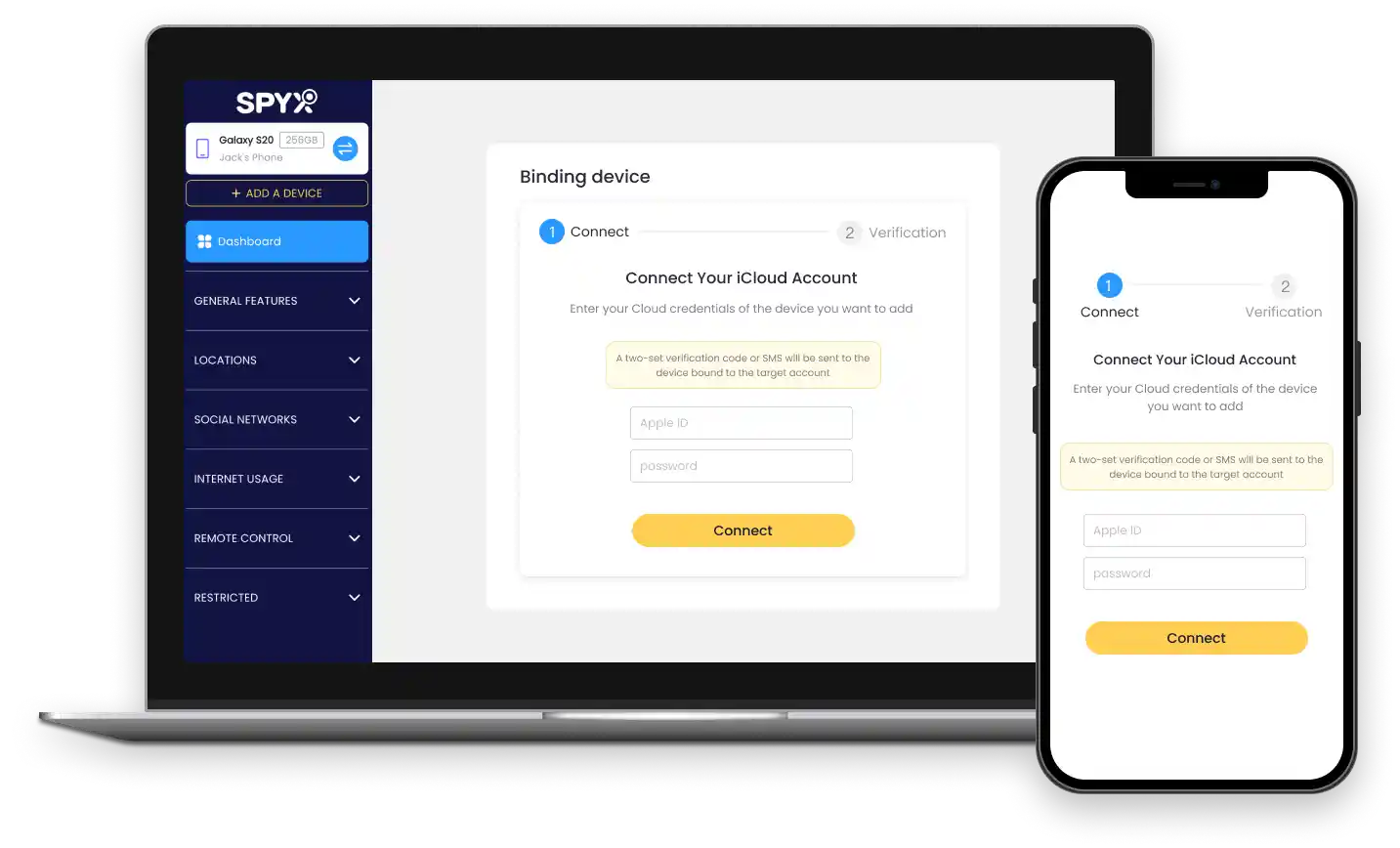 Après vous être connecté à votre compte spyx, sélectionnez la méthode appropriée pour vous lier au périphérique cible.